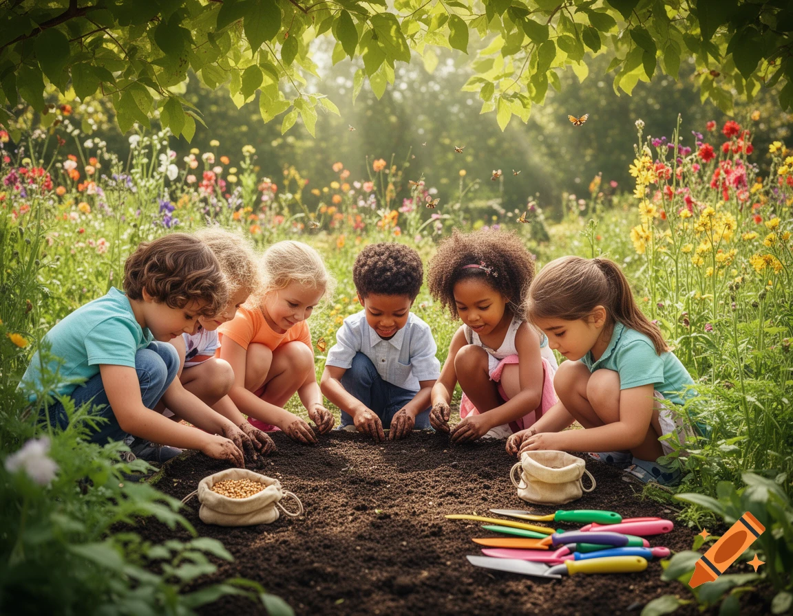 Diverse group of young children planting seeds in rich soil within a vibrant flower garden on a sunny day.