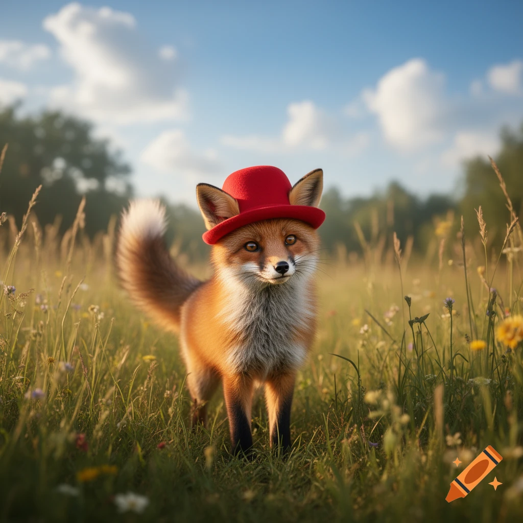 A cute fox wearing a red hat stands in a sunlit grassy field with ...