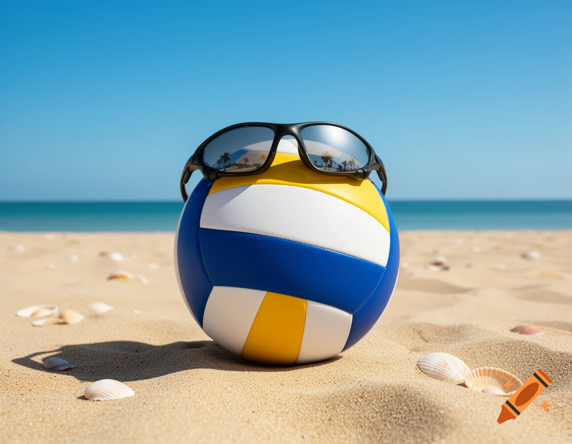 A blue, white, and yellow volleyball with black sunglasses on top, resting in the golden sand of a sunny beach with the ocean in the background.
