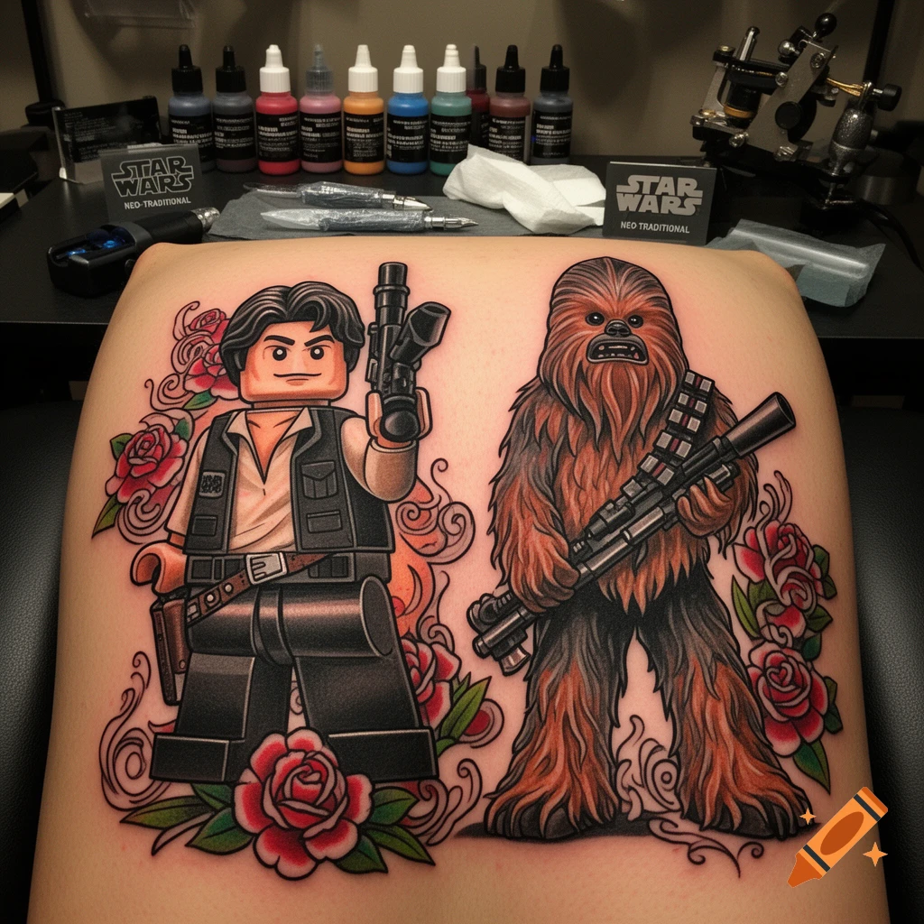 Neo-traditional tattoo of Lego Han Solo and Chewbacca with red roses, with tattoo equipment in the background.