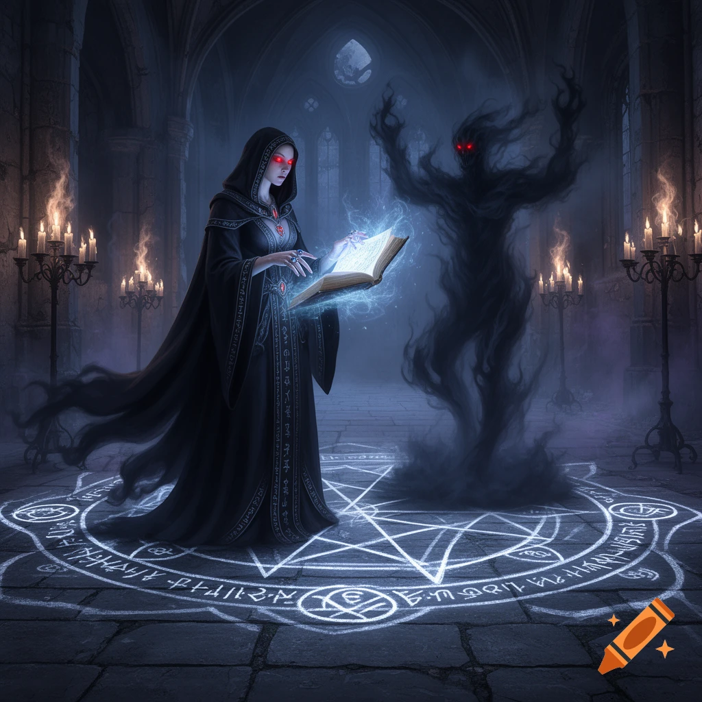 A female necromancer in a black hooded robe performs a ritual, reading ...