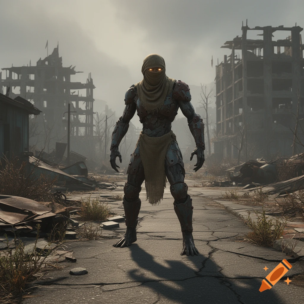 Armored humanoid creature with glowing eyes stands on a cracked road in a desolate, ruined city under a cloudy sky.