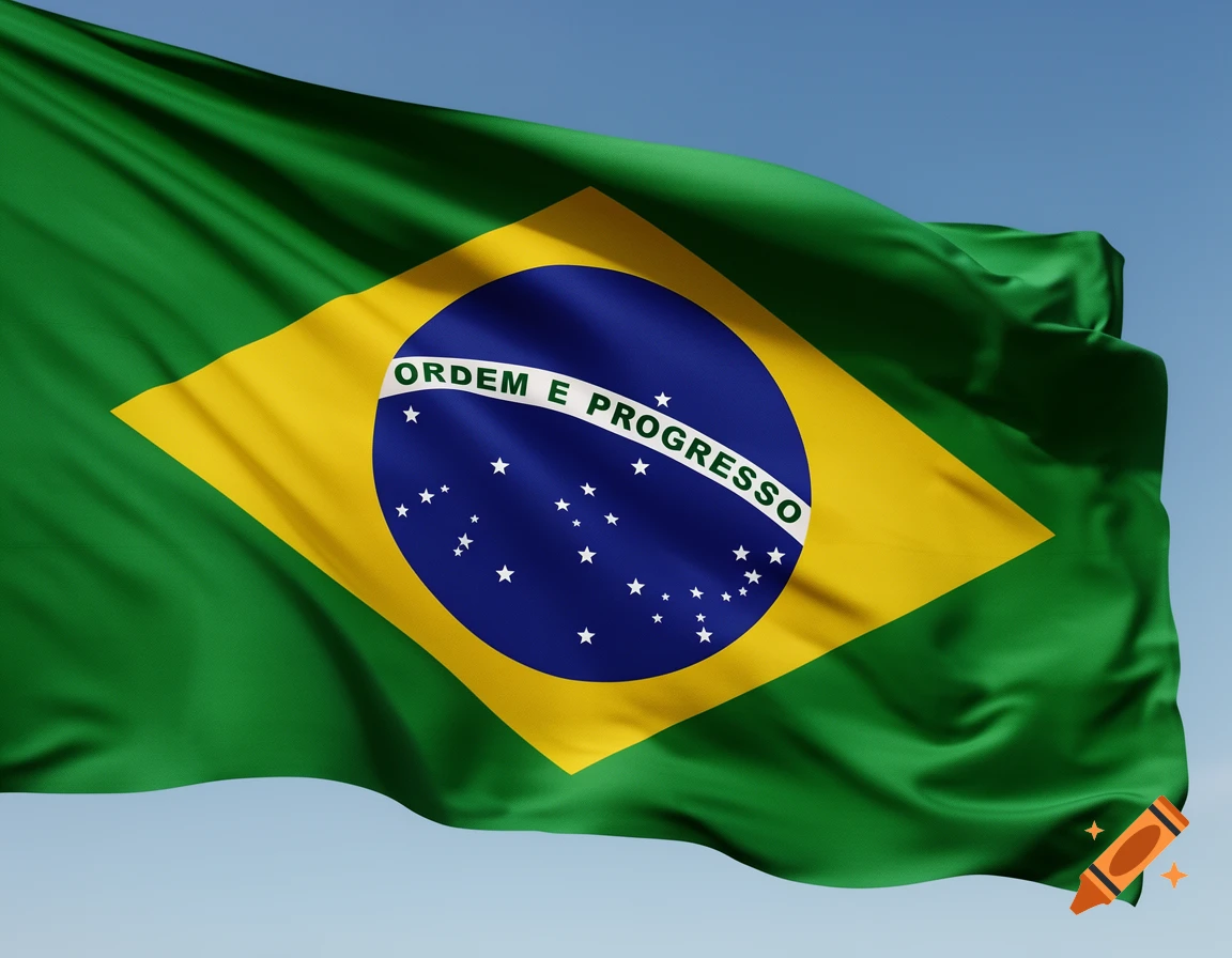 The Brazilian flag, green with a yellow rhombus, a blue circle with white stars and the motto "Ordem e Progresso", waving against a blue sky.