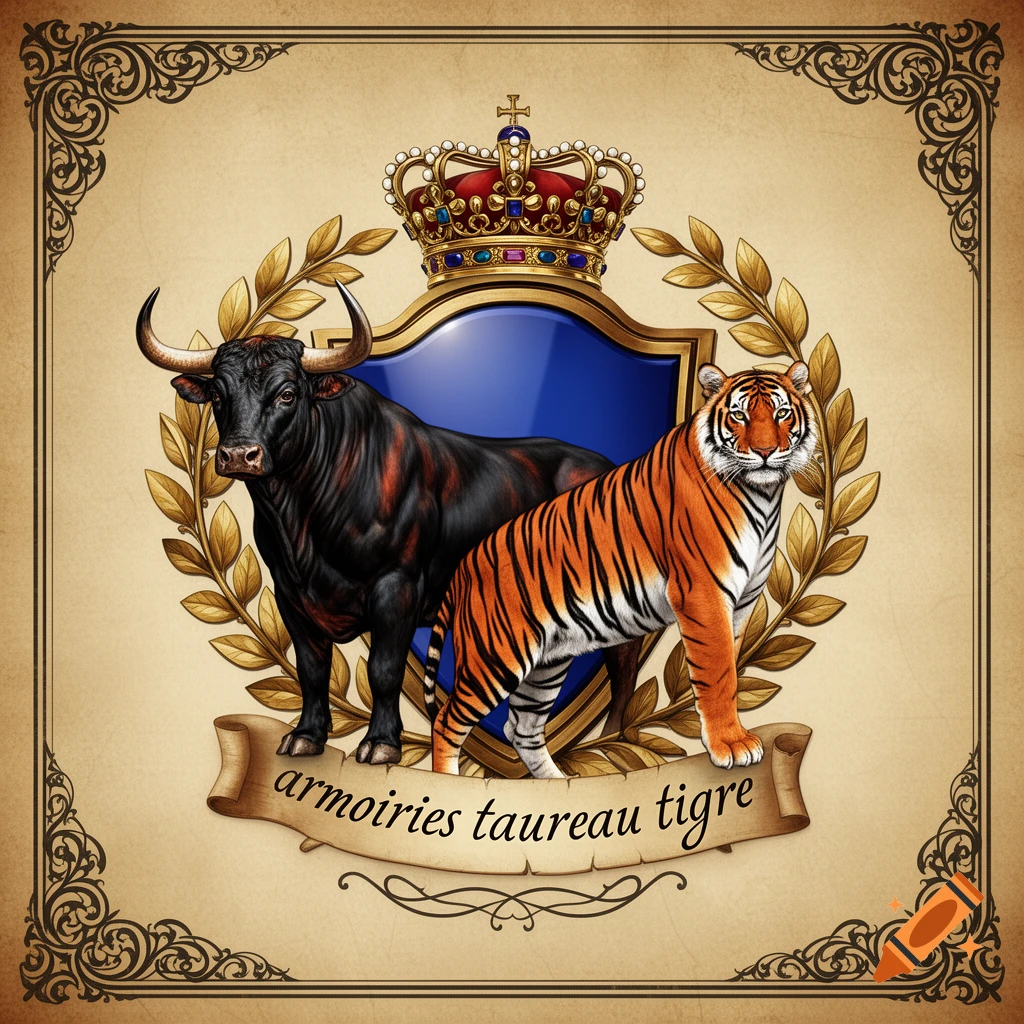 Heraldic crest featuring a black bull and an orange tiger, with a golden crown, blue shield, and laurel wreath on a parchment background.