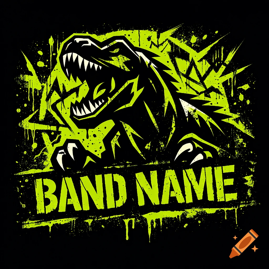 Stylized black T-Rex logo with neon green grunge splatters and 'BAND NAME' text on a black background.