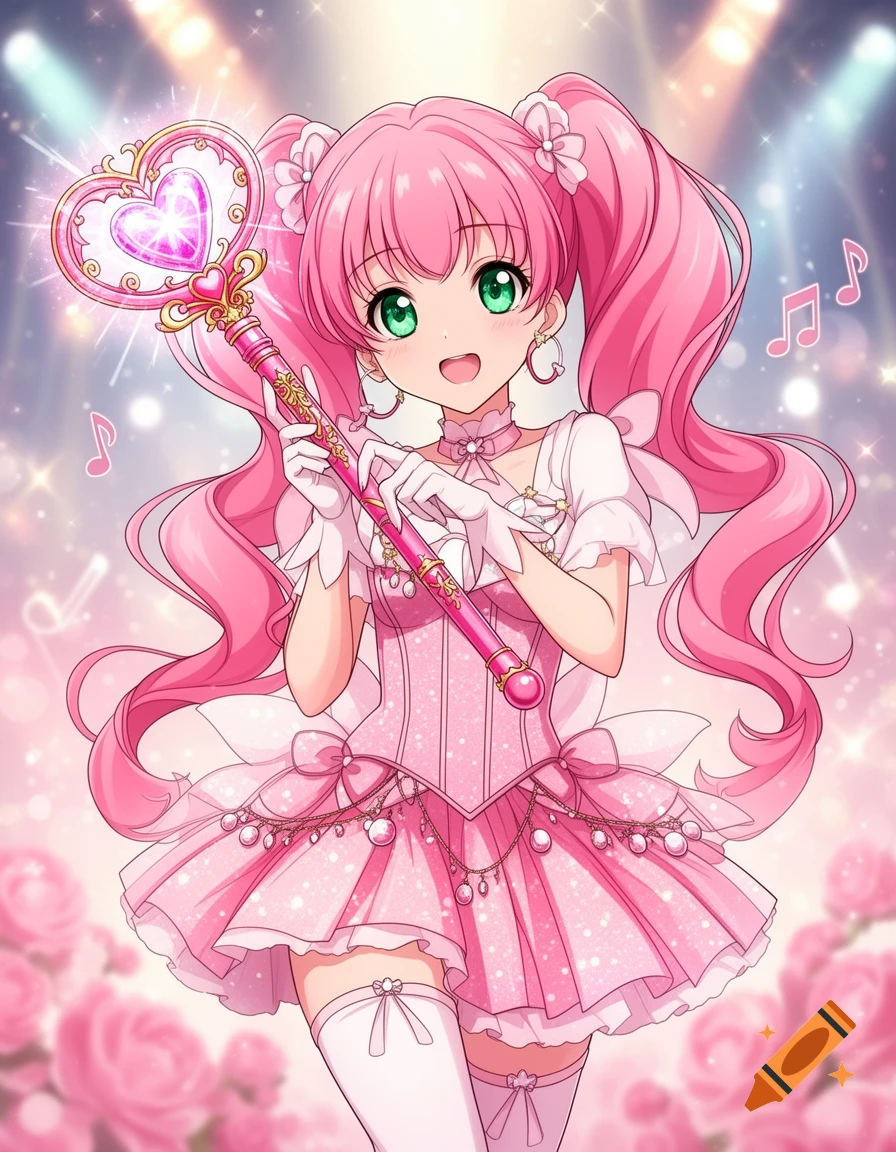 An anime magical girl idol with pink pigtails and green eyes, holding a sparkling pink heart-tipped wand, on a stage with pink roses.
