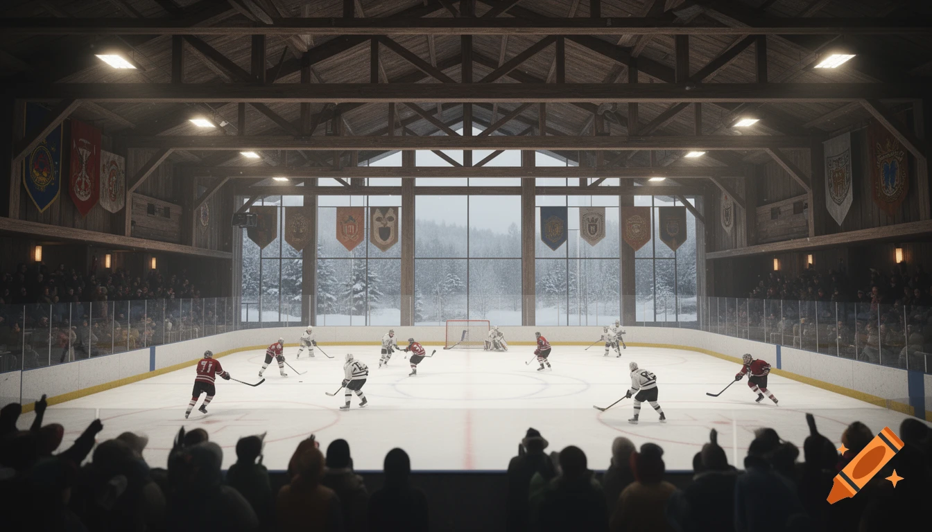 An ice hockey game in a large, rustic wooden arena with a snowy forest visible through large windows and a crowd watching from the stands.