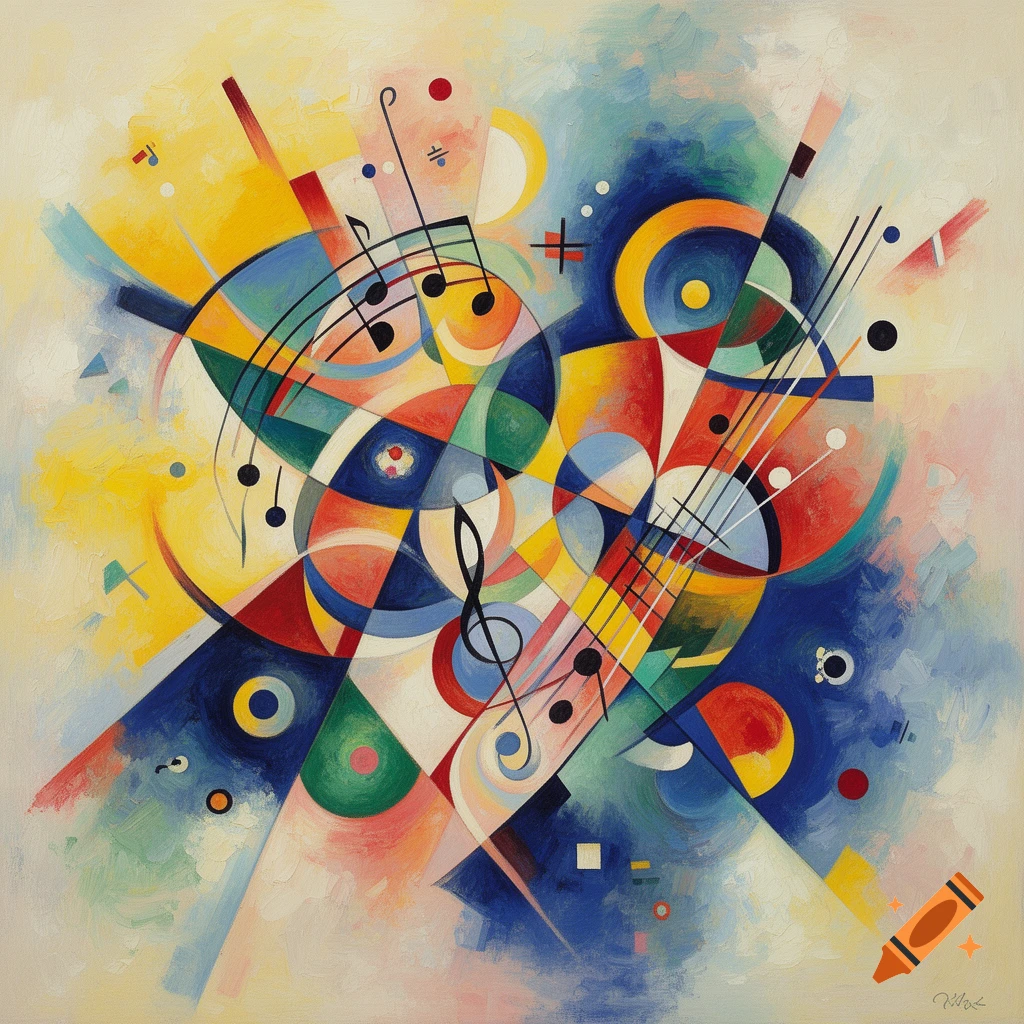 An abstract painting in the style of Kandinsky, featuring a dynamic composition of colorful geometric shapes and lines interwoven with musical notes and staves against a vibrant background of yellow, blue, and red.