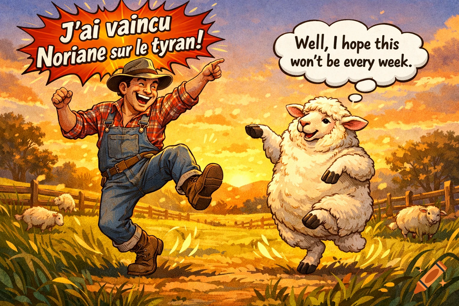 A joyful farmer dances and points next to a cheerful sheep in a sunny field, in a cartoon illustration style.