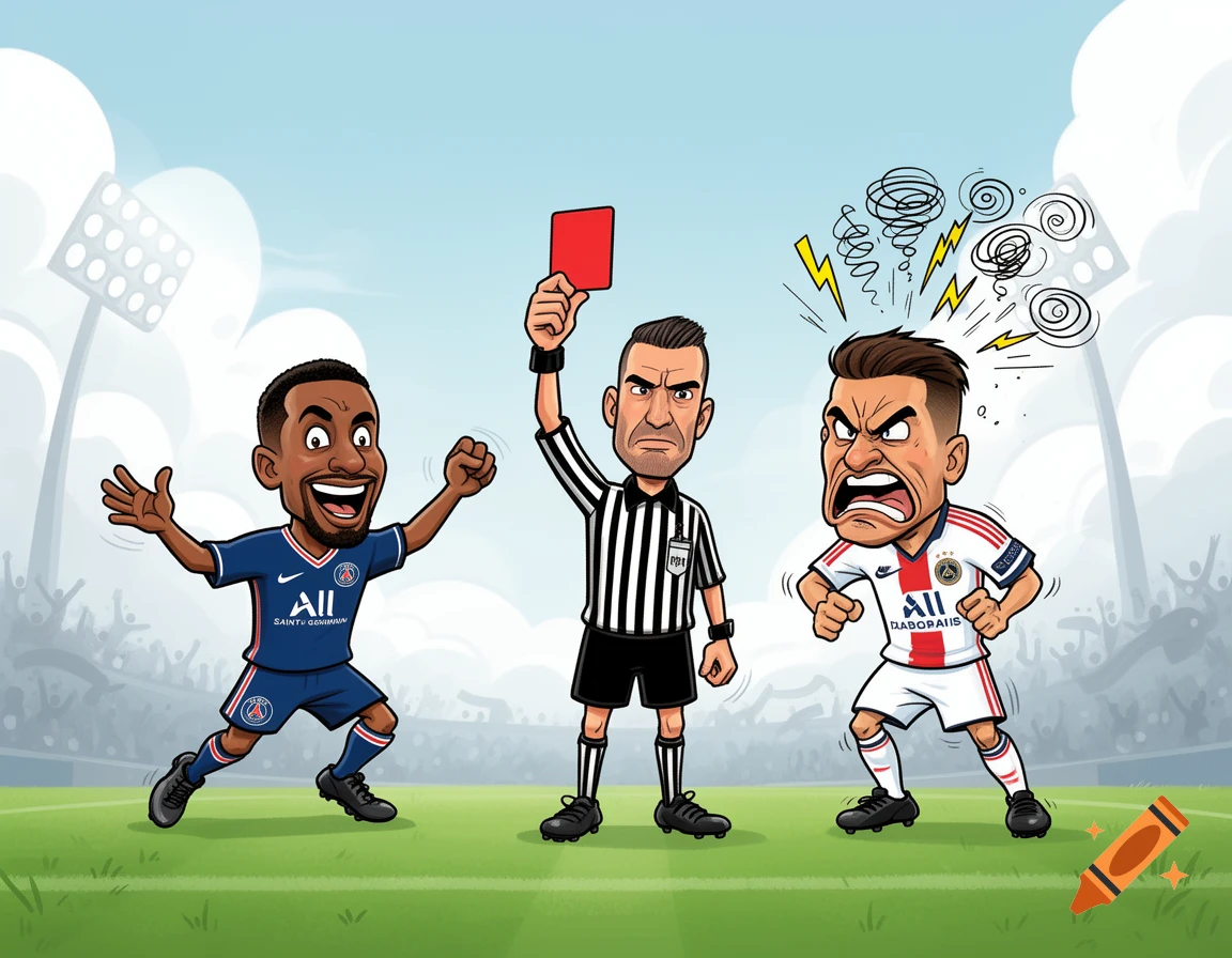 Cartoon of a football referee showing a red card to an angry player, while another player in a blue jersey celebrates on a pitch.