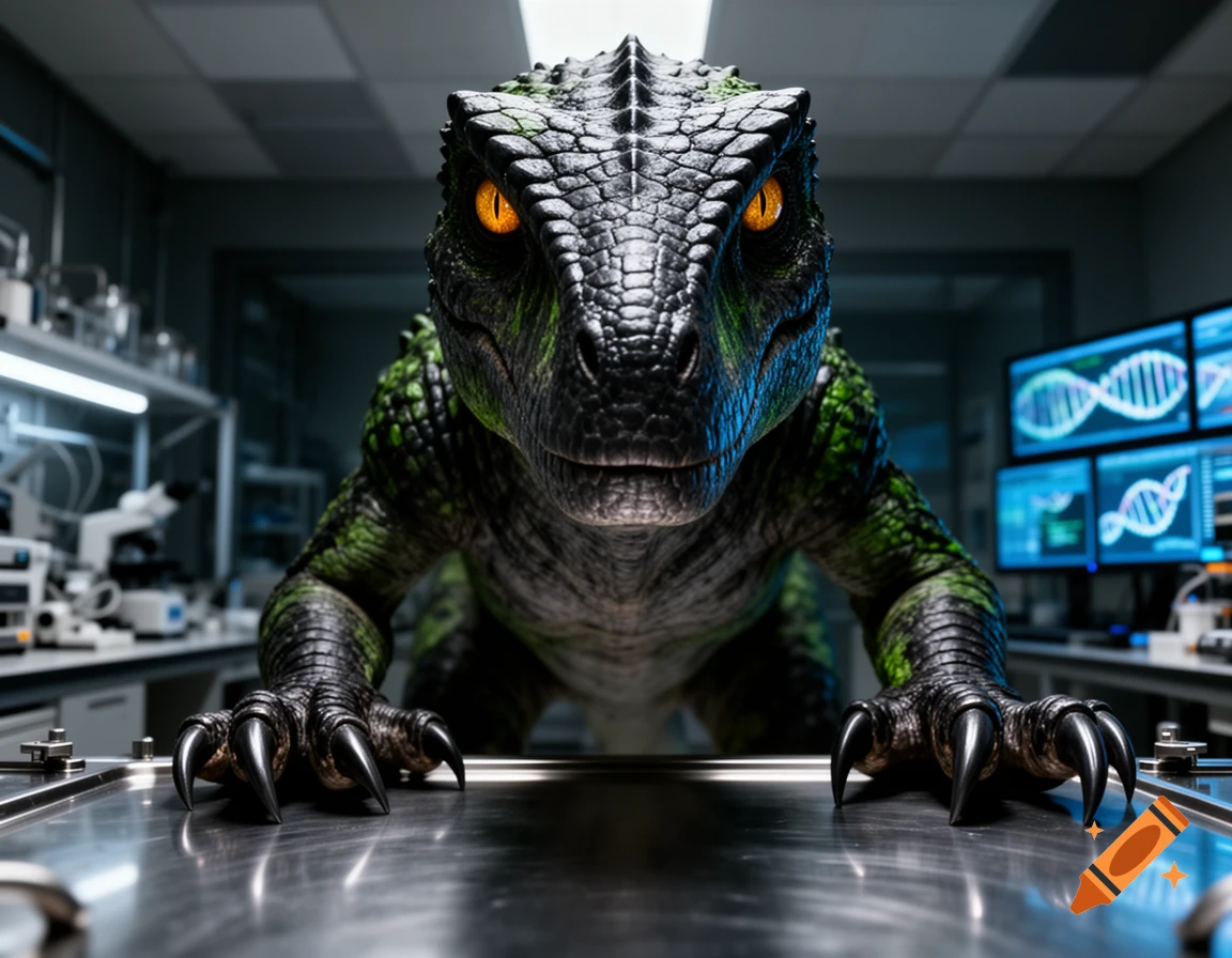 A photorealistic Indoraptor, a green and black scaled dinosaur with glowing orange eyes, stares intently in a science laboratory.