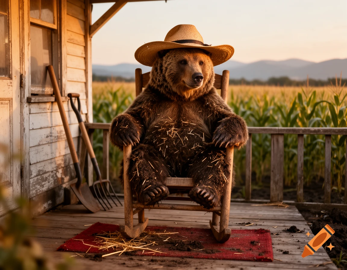 A photorealistic bear wearing a straw hat sits on a wooden rocking chair on a rustic porch, overlooking a cornfield at sunset. Farming tools lean against the wall.