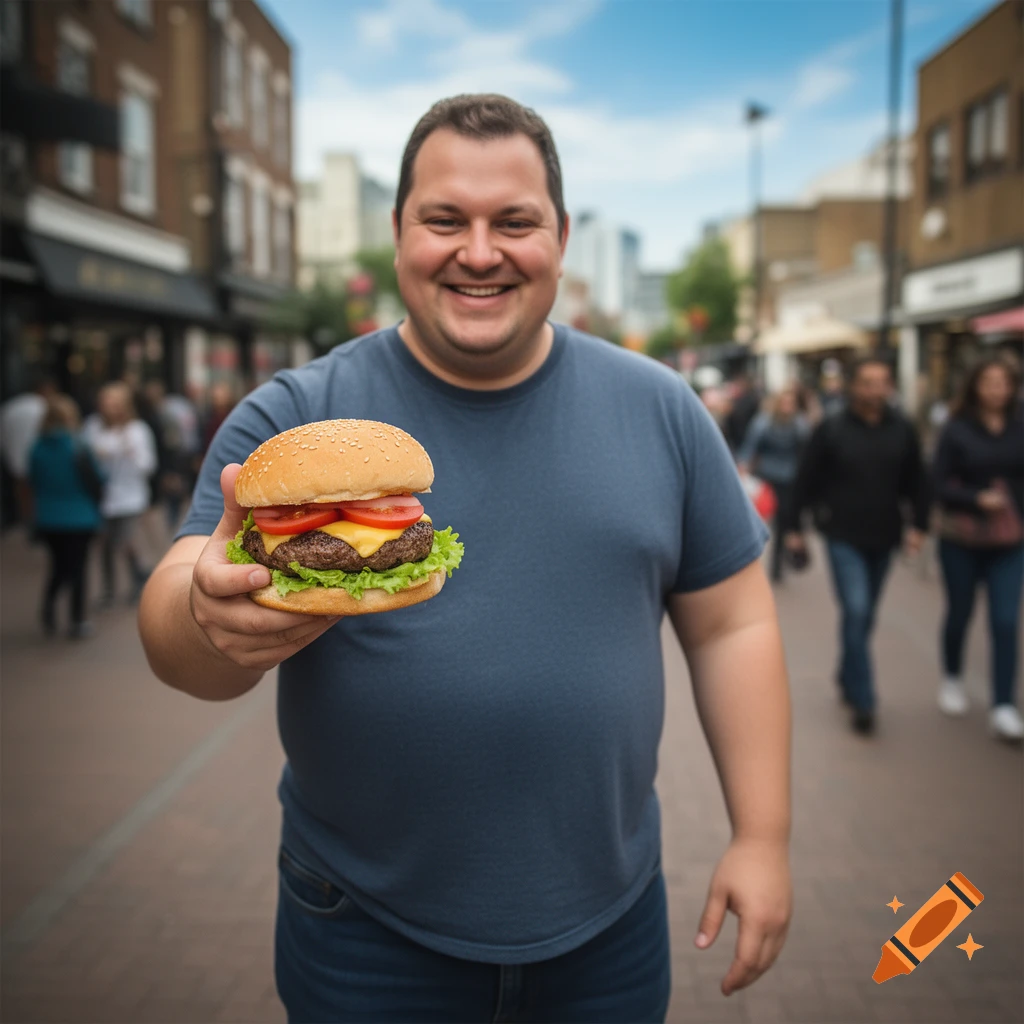 A smiling man holds a large burger with lettuce, tomato, and cheese, standing on a bustling city street.