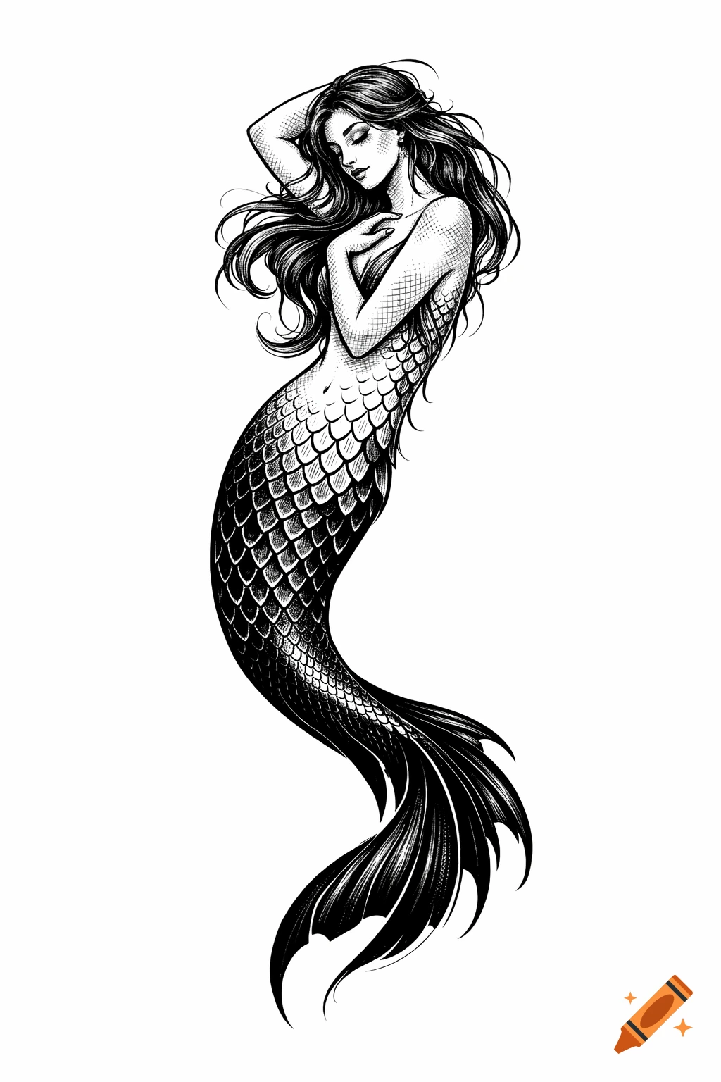 An intricate blackwork illustration of a mermaid with flowing hair and scaled tail, in a elegant pose against a white background.