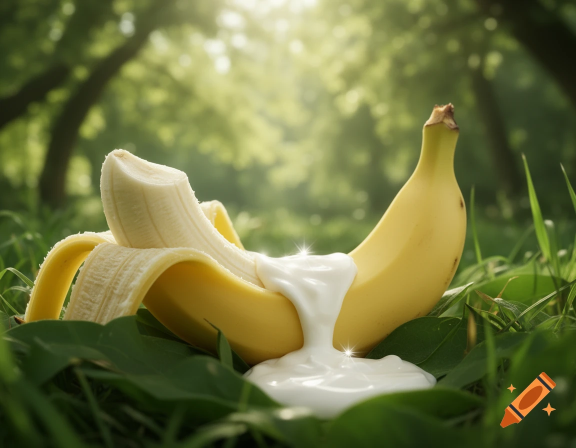 A photorealistic half-peeled banana with white cream flowing, on green leaves and grass in a sunlit forest.