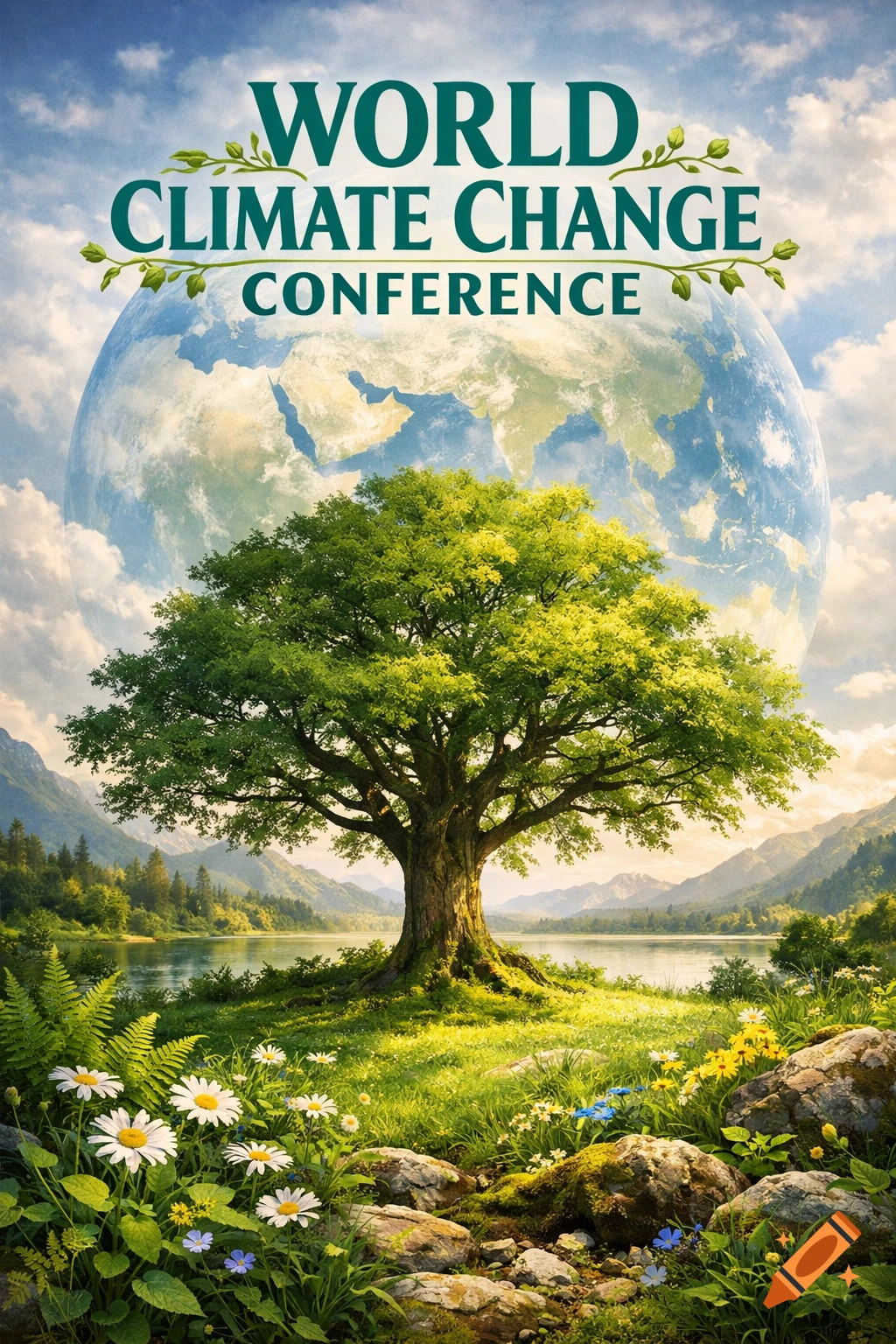 A vibrant poster for the World Climate Change Conference featuring a lush landscape, a large tree, and planet Earth.
