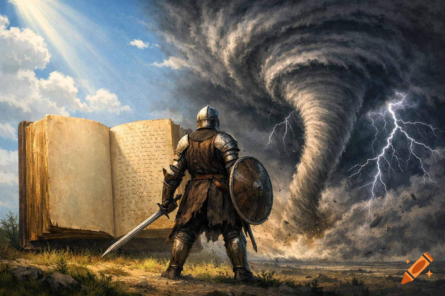 A knight in armor stands before a gigantic open book, facing a swirling tornado with lightning under a dramatic sky.