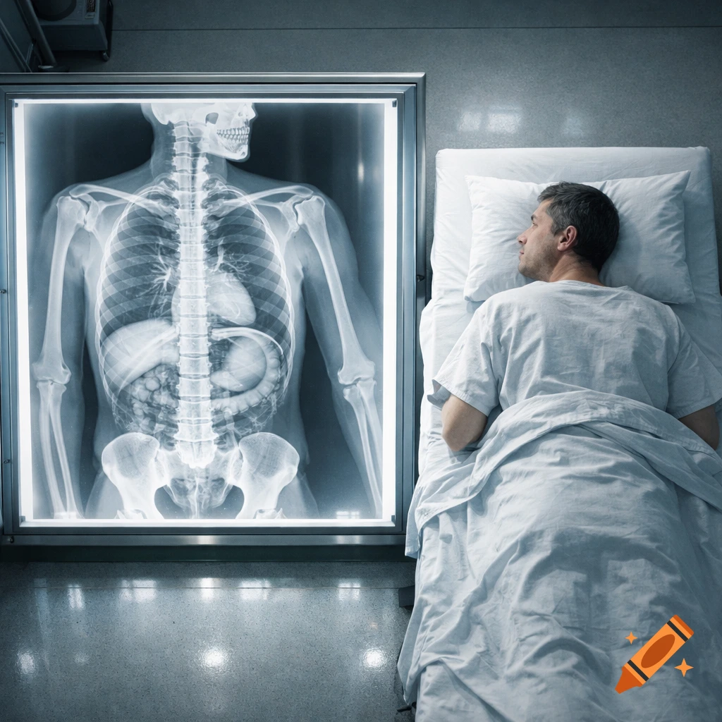 A man in a hospital gown lies in bed, looking at a large, illuminated X-ray display of a human skeleton and internal organs. Shot from above.