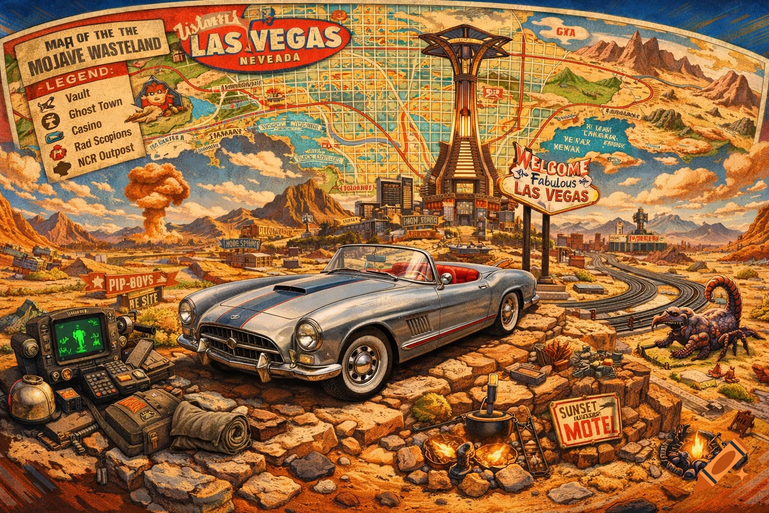 A vibrant, retro-futuristic illustration of a post-apocalyptic Mojave Wasteland with a silver classic car, a map backdrop, and a mushroom cloud.