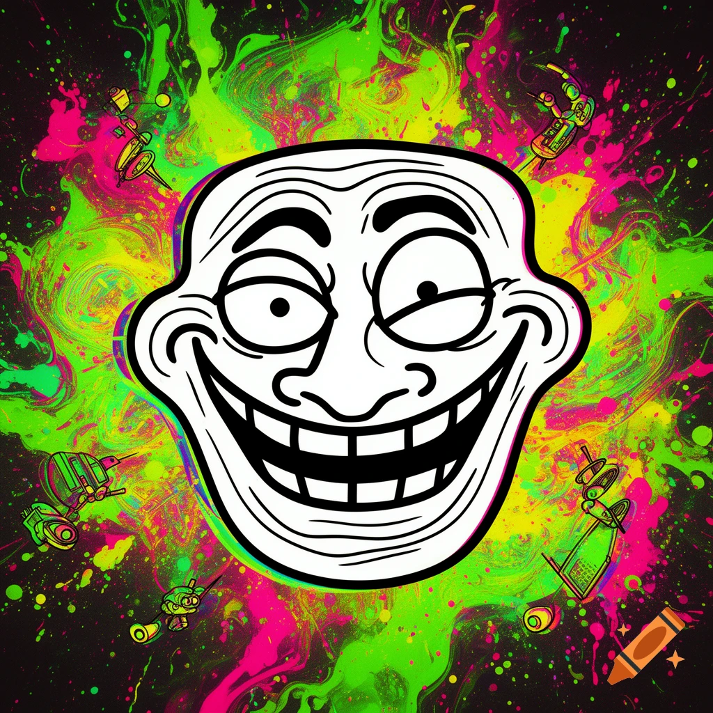 A white Troll Face meme with a mischievous grin centered on a black background splattered with vibrant neon green, pink, and yellow paint.
