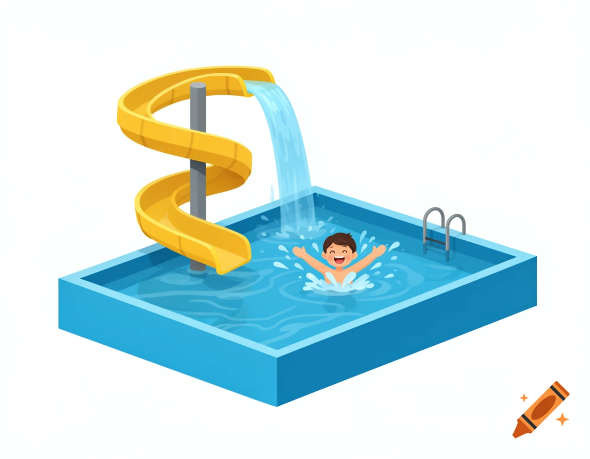 A cartoon illustration of a happy child playing in a blue swimming pool with a yellow spiral water slide pouring water.