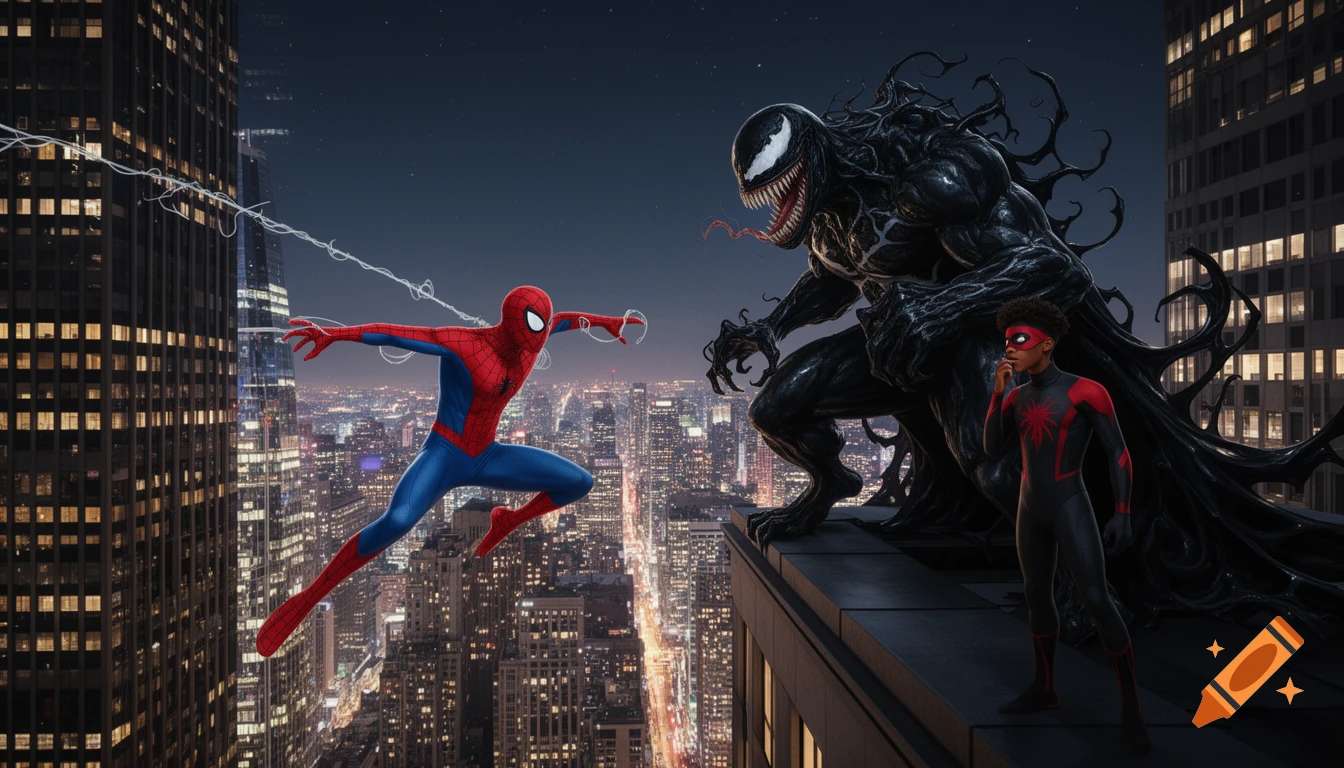 Spider-Man leaps across a nighttime city skyline, facing Venom on a rooftop with Miles Morales.