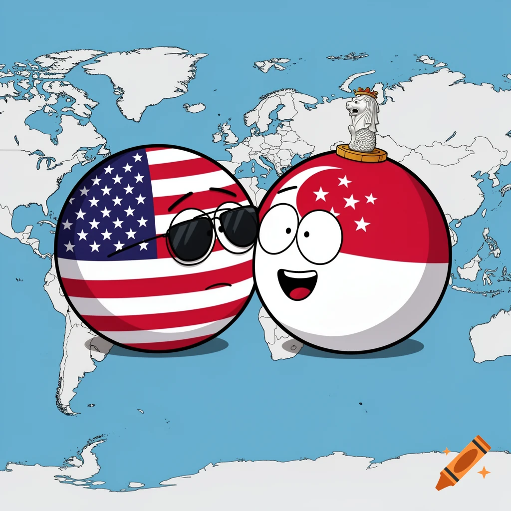 A cartoon world map features an unimpressed USA countryball wearing sunglasses and a broadly smiling Singapore countryball with a Merlion on its head.