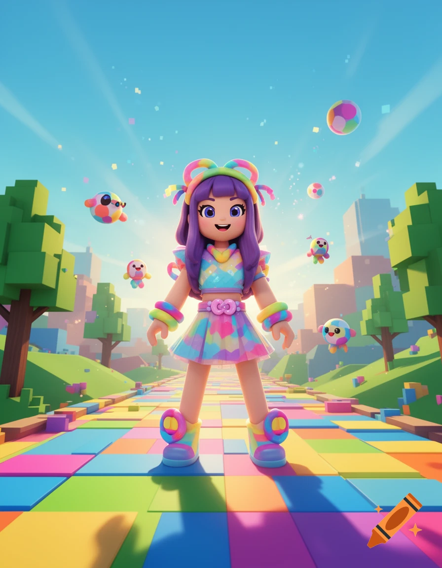 A purple-haired Roblox-style girl in a rainbow outfit stands on a colorful tiled path, with floating cartoon creatures and a blocky city in the background.