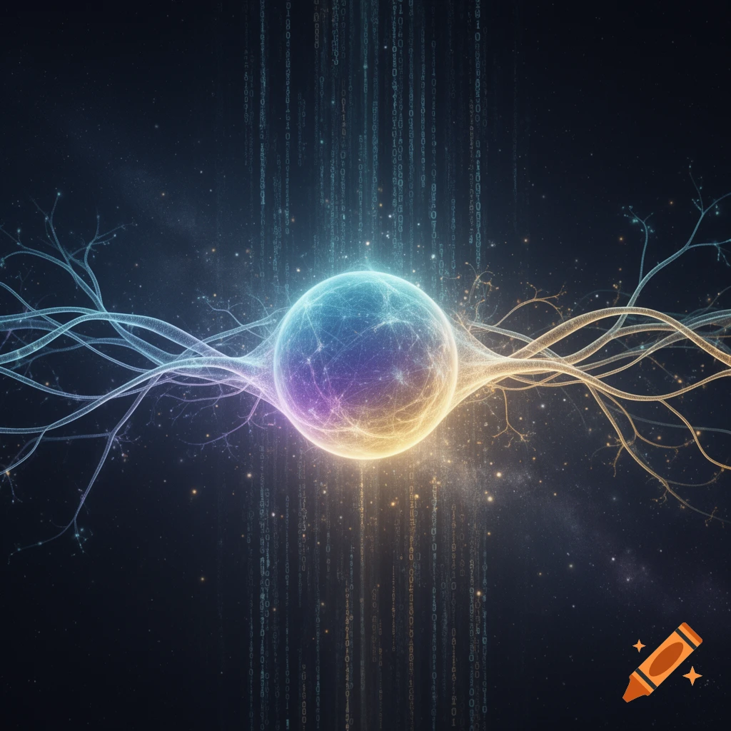 A glowing, multicolored orb with intricate neural network-like tendrils against a dark, starry background with falling binary code, abstract and vibrant.
