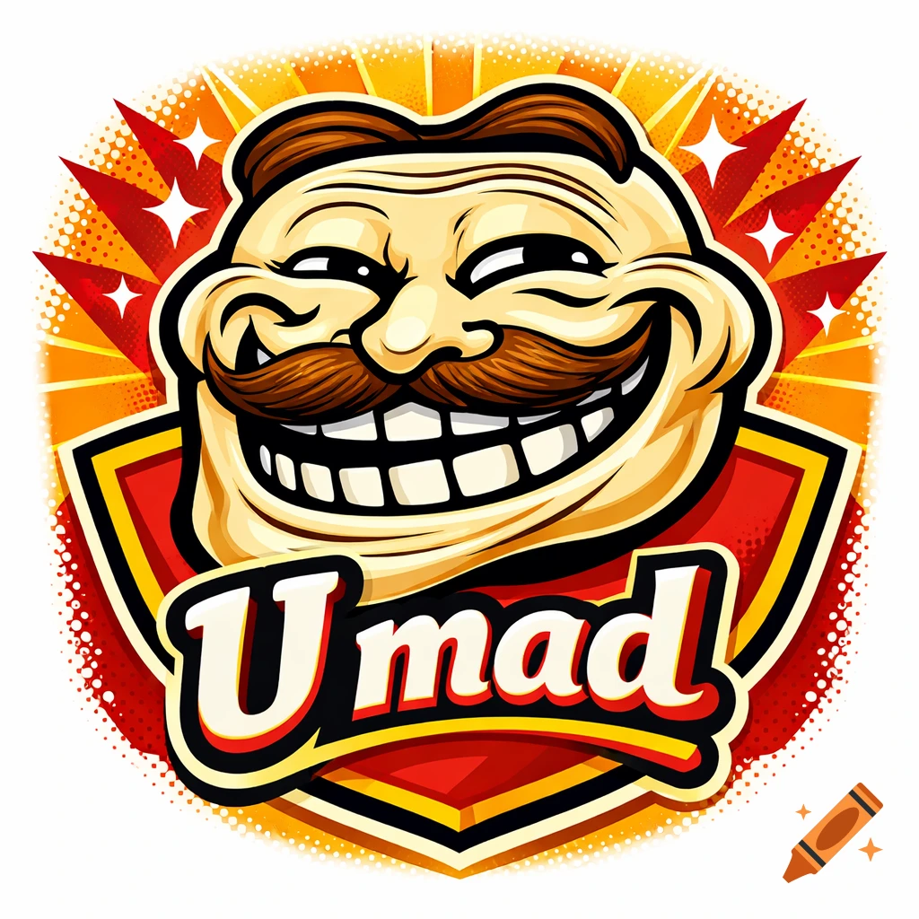 Cartoon troll face with a mustache and wide grin, on a red and orange logo background with the text 'U mad'.