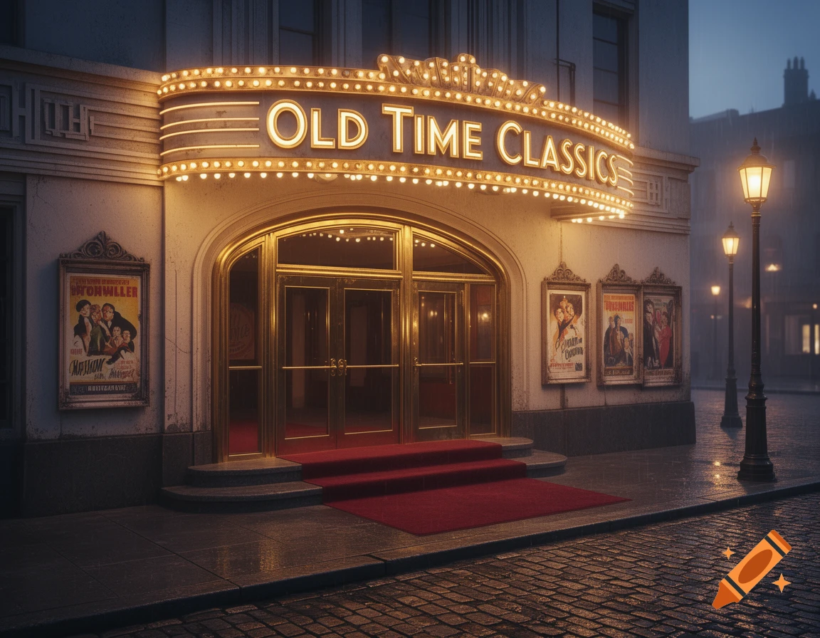 A vintage cinema facade lit up at night, with a red carpet leading to the entrance, reflecting on the wet cobblestone street.
