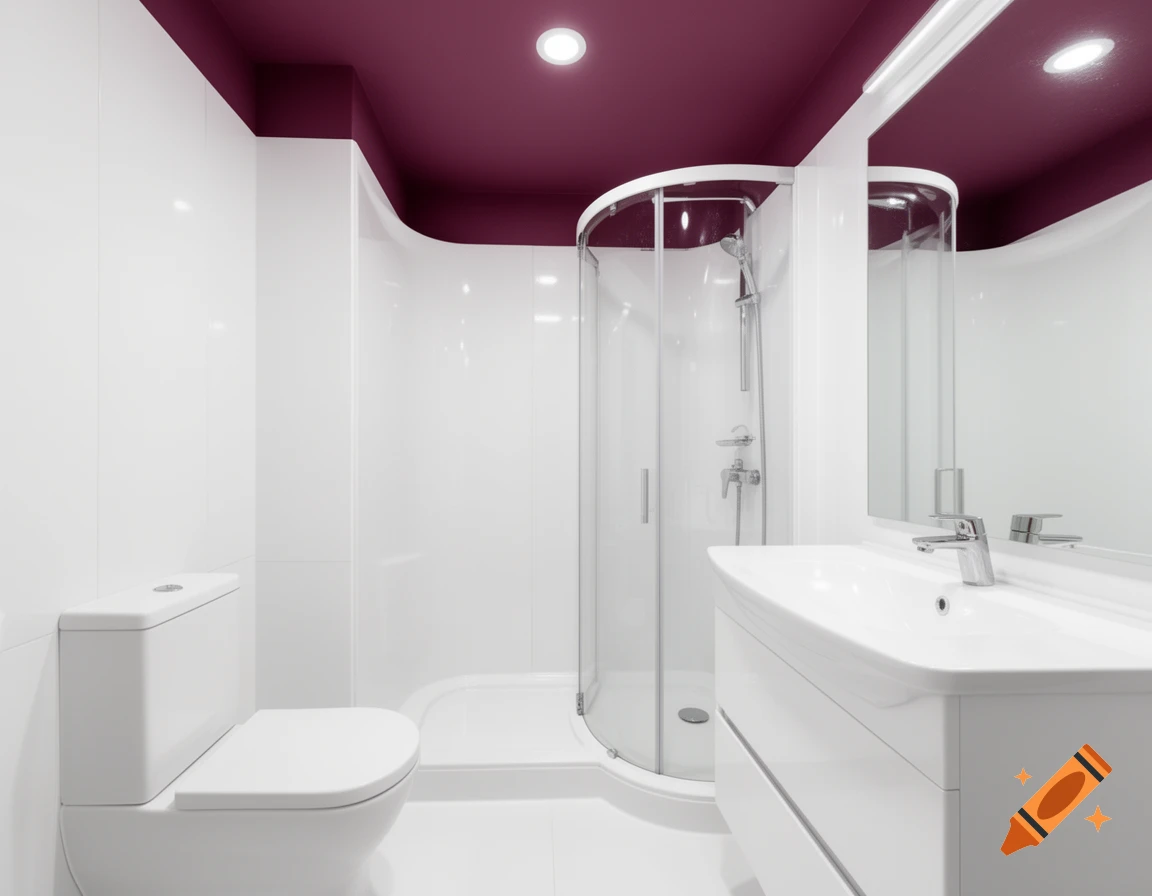 Modern white bathroom with toilet, glass corner shower, vanity, sink, mirror, and a deep red ceiling.