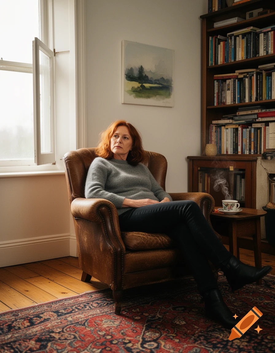 A woman with red hair sits in a brown leather armchair, looking away. She is in a room with a bookshelf, a window, and a patterned rug.