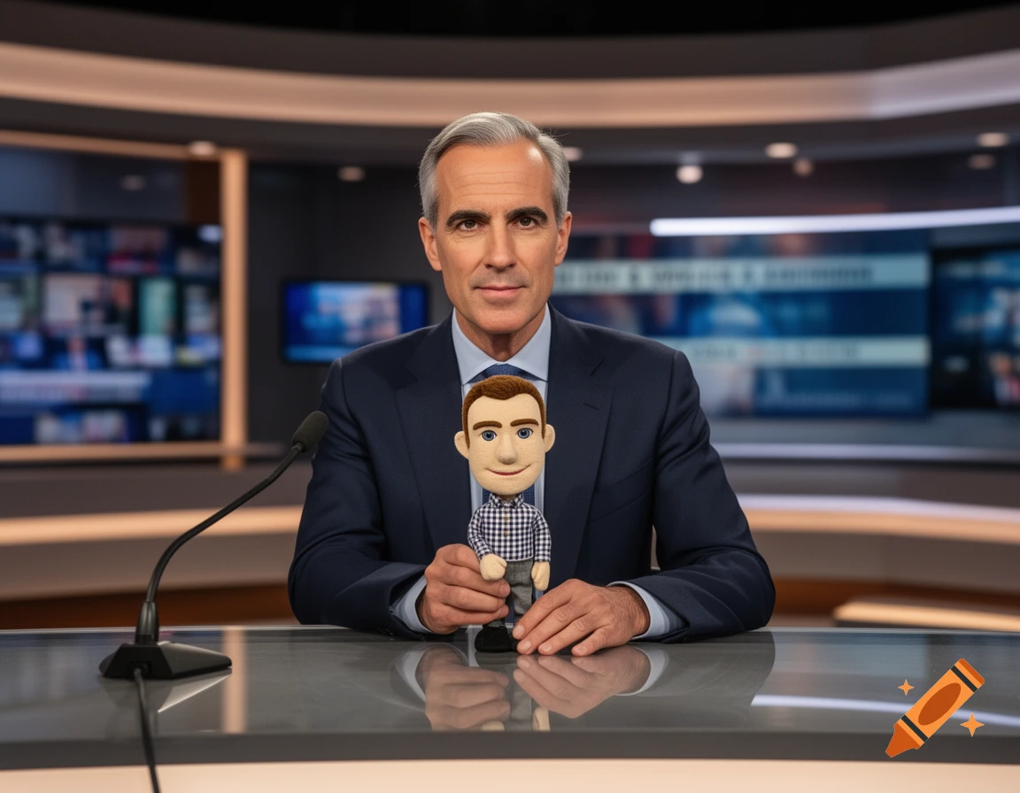 A man in a suit sits at a news desk, holding a puppet in a photorealistic news studio.