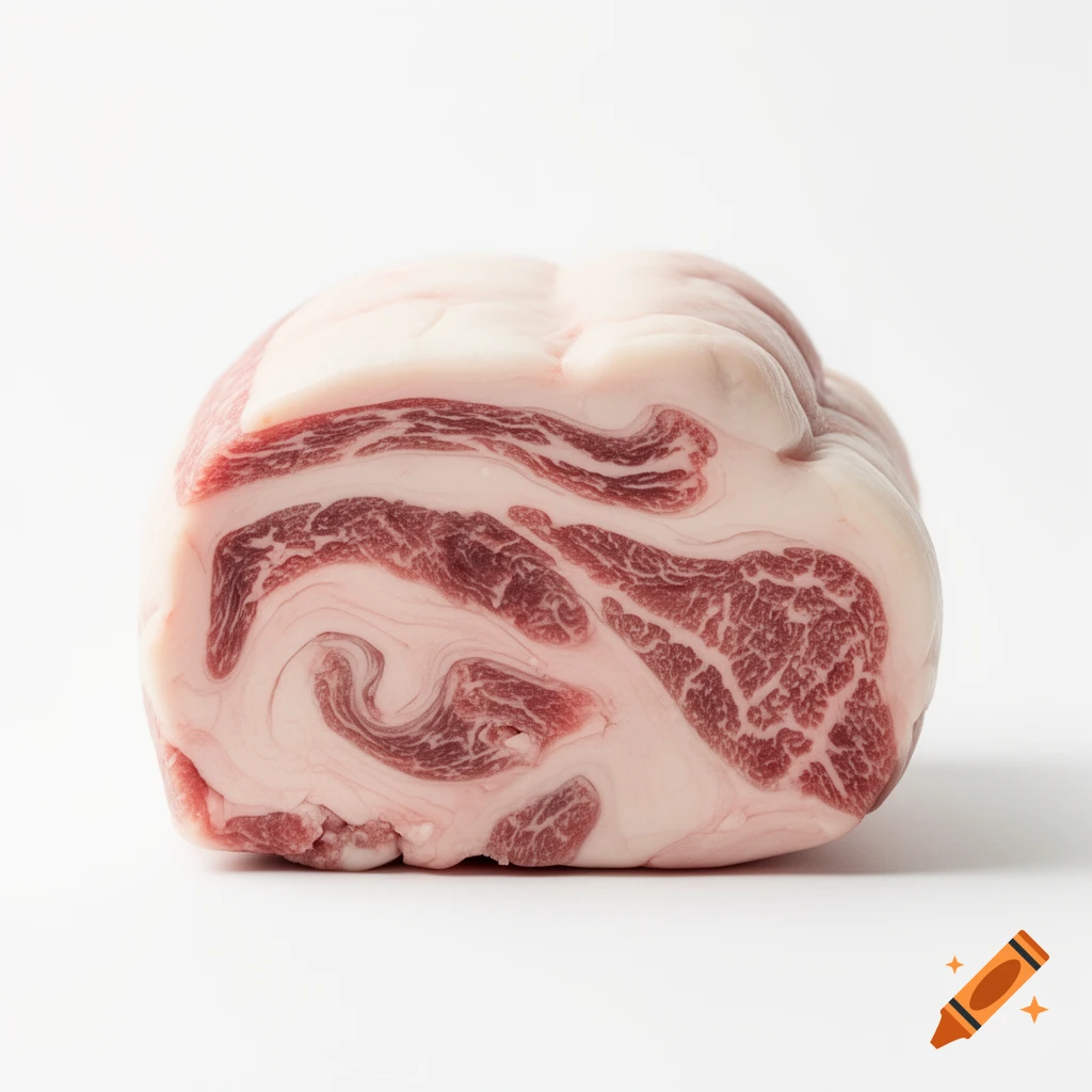 A close-up, photorealistic image of a raw, marbled piece of beef fat against a clean white background.