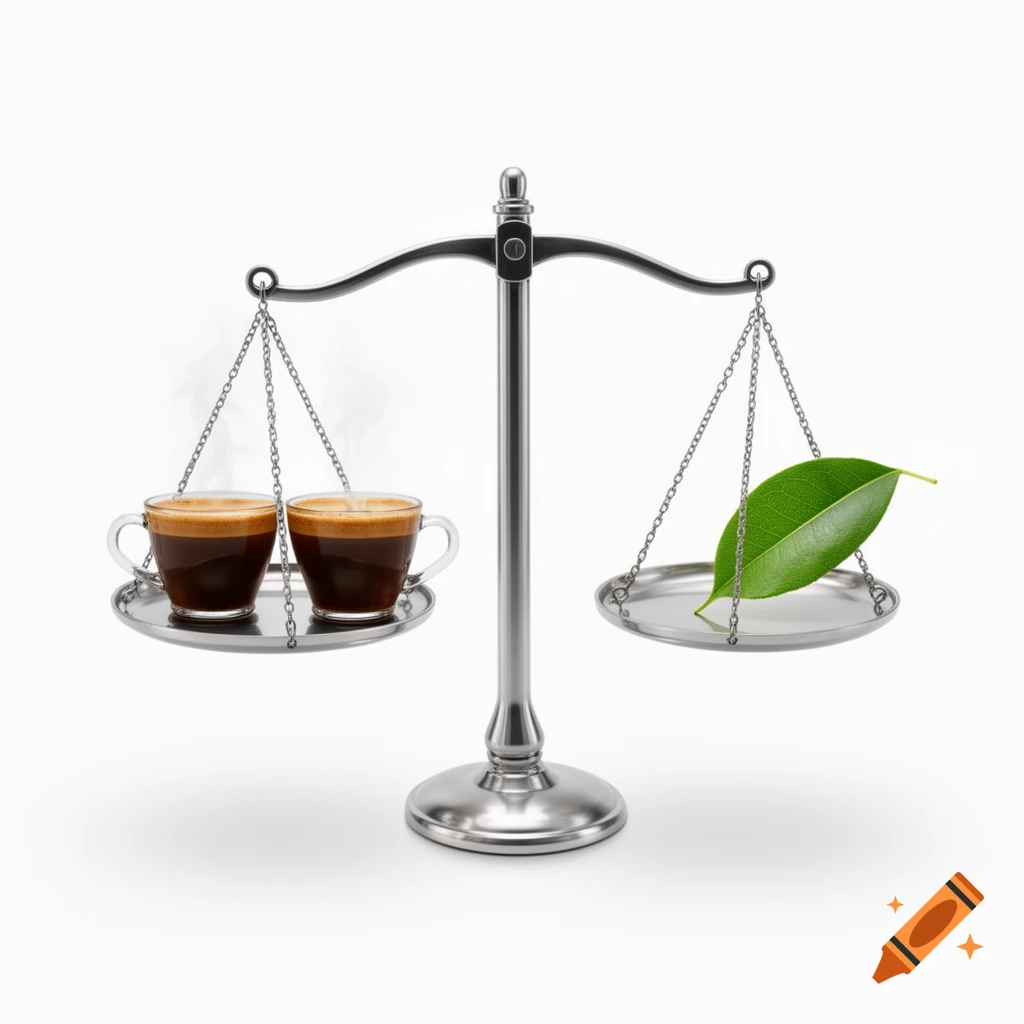 A silver balance scale with two steaming cups of coffee on one side and a single green leaf on the other, against a white background.
