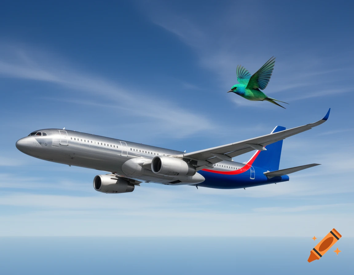 A silver airplane with blue and red markings flies in a blue sky, with a vibrant green bird flying alongside it.