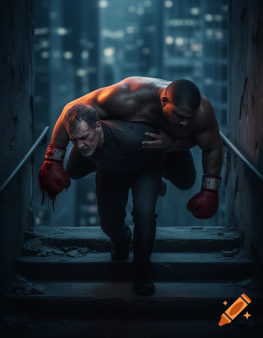 A weary man carries an unconscious boxer with bloody gloves down a crumbling, dimly lit staircase in a dramatic, cinematic style.