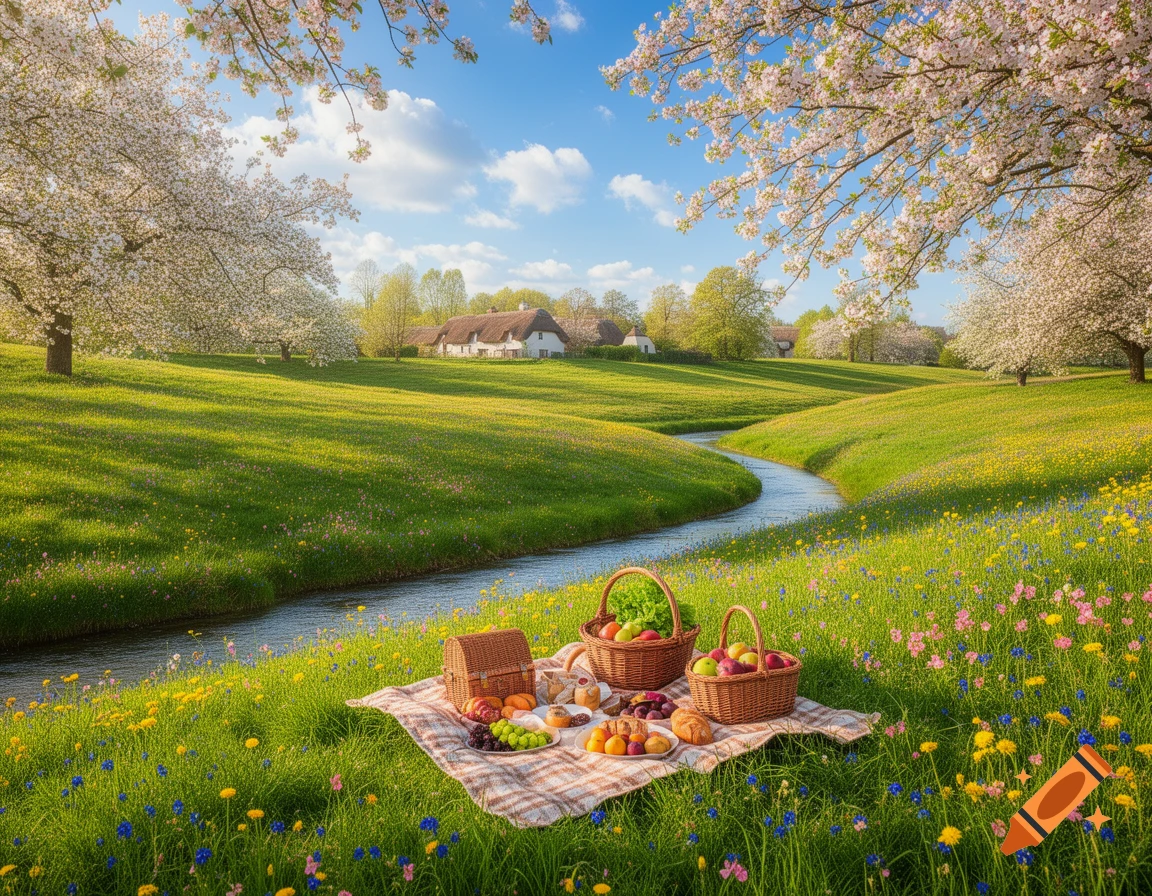 A vibrant spring landscape with cherry blossom trees, a winding river, green hills, and a picnic blanket laden with food.