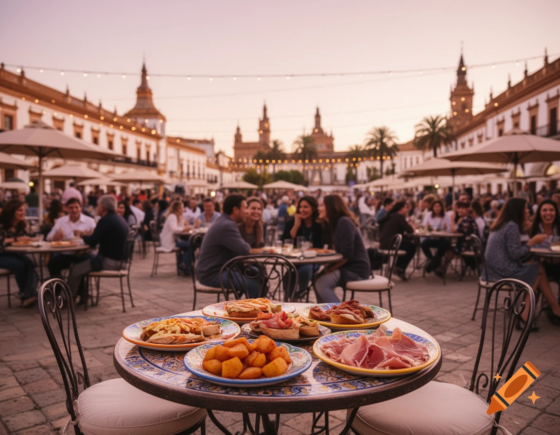 A bustling outdoor cafe in a Seville city square at dusk, with people dining and plates of tapas in the foreground.