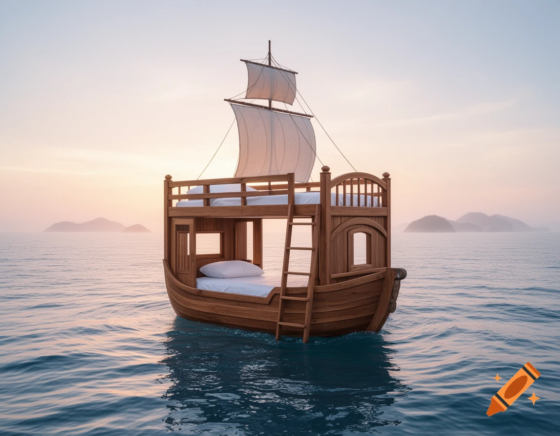 A whimsical wooden bunk bed boat with sails floats on a calm sea at sunset, with distant islands.