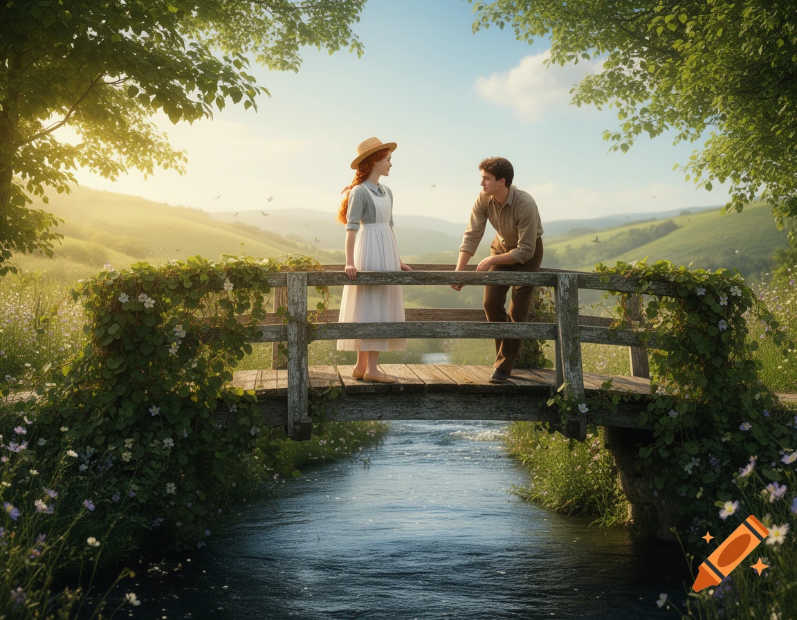A man and a woman stand on a rustic wooden bridge over a stream in a lush, sunlit valley with rolling green hills.