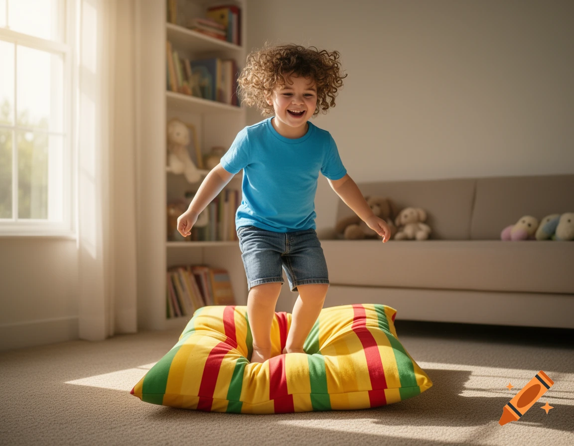 A happy child with curly hair jumps on a striped pillow in a bright, sunlit room, smiling broadly.