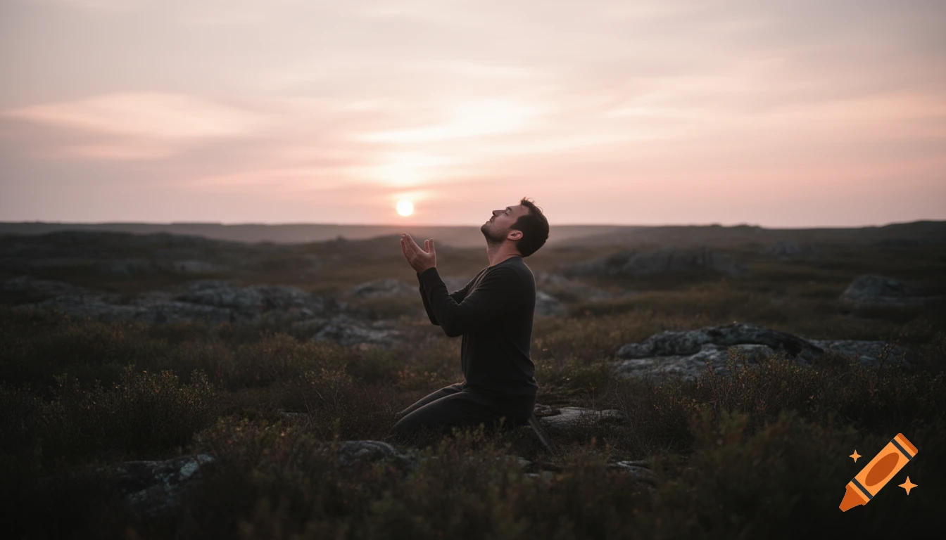 Man kneeling in a desolate, rocky landscape at sunset, looking up with hands raised in prayer.
