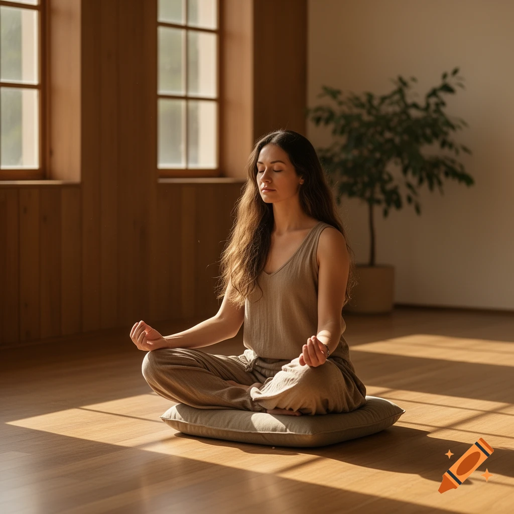 A woman with long brown hair meditates cross-legged on a cushion in a sunlit room.