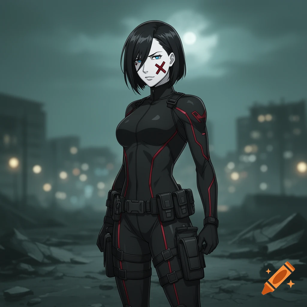 An anime-style woman in a black tactical suit with red accents and an 'X' on her cheek stands in a ruined city under a full moon.