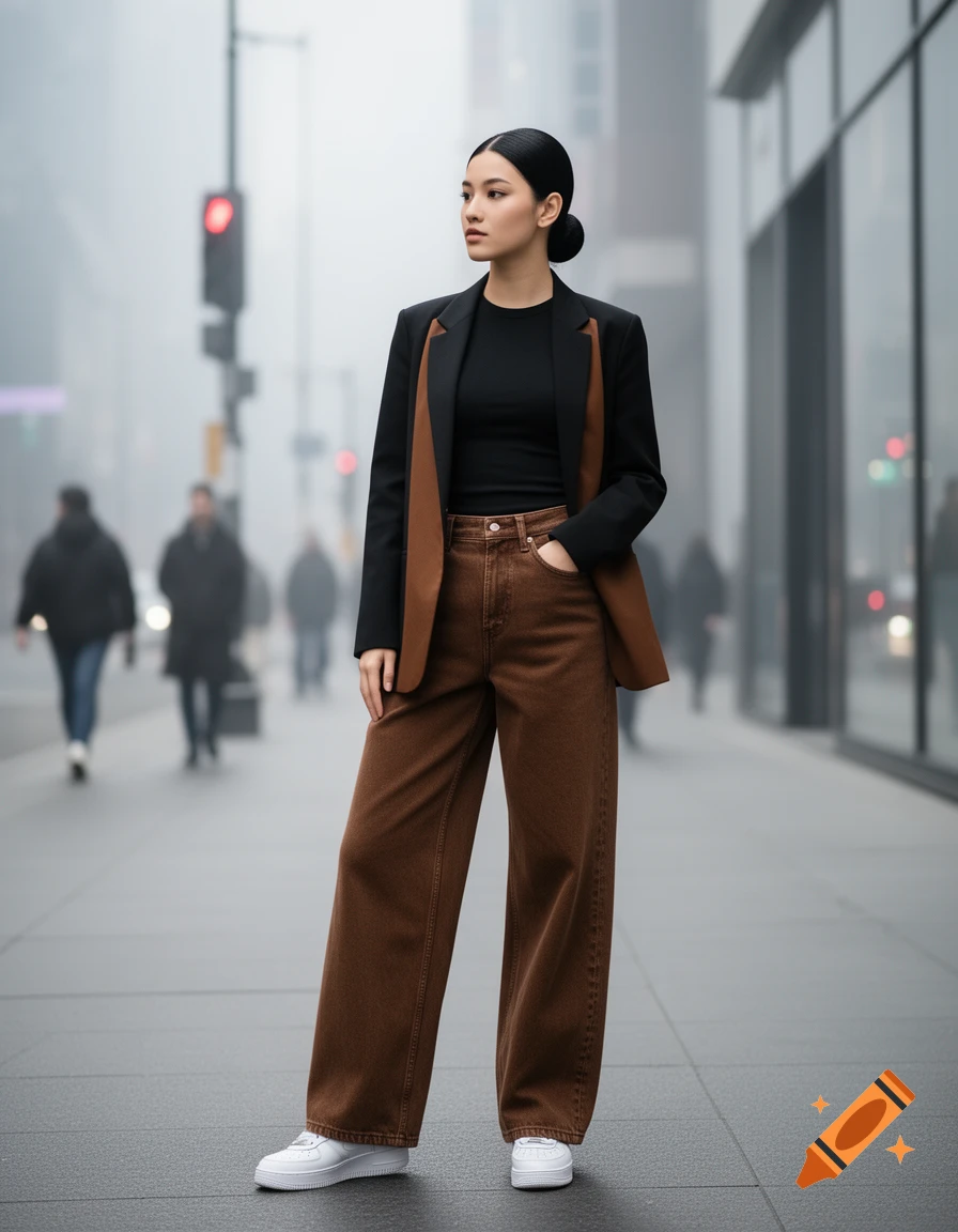 A woman in a black and brown blazer, black top, brown wide-leg jeans, and white sneakers stands on a misty city sidewalk.