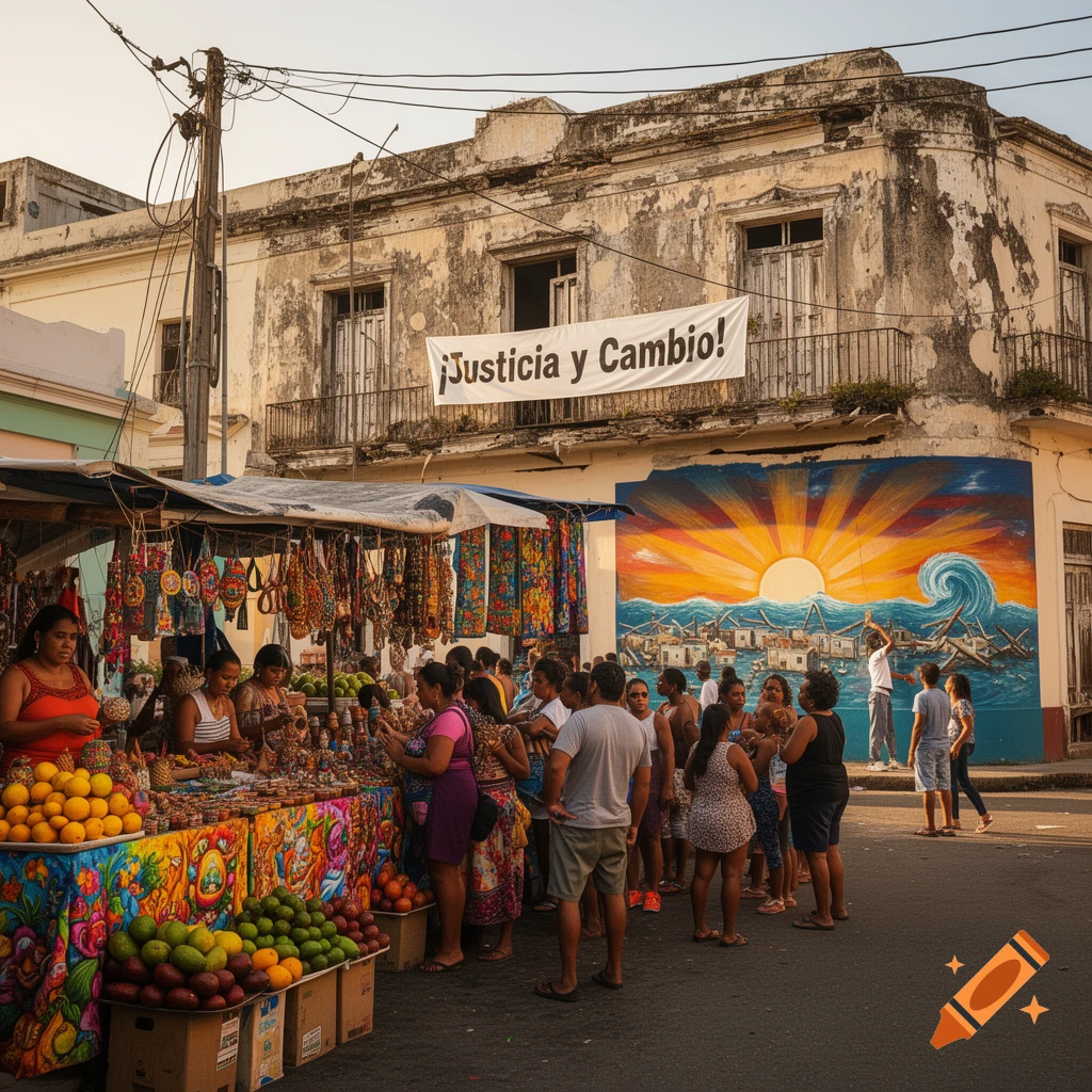 Bustling street market with vendors and customers, old buildings, a mural, and a banner reading '¡Justicia y Cambio!'.