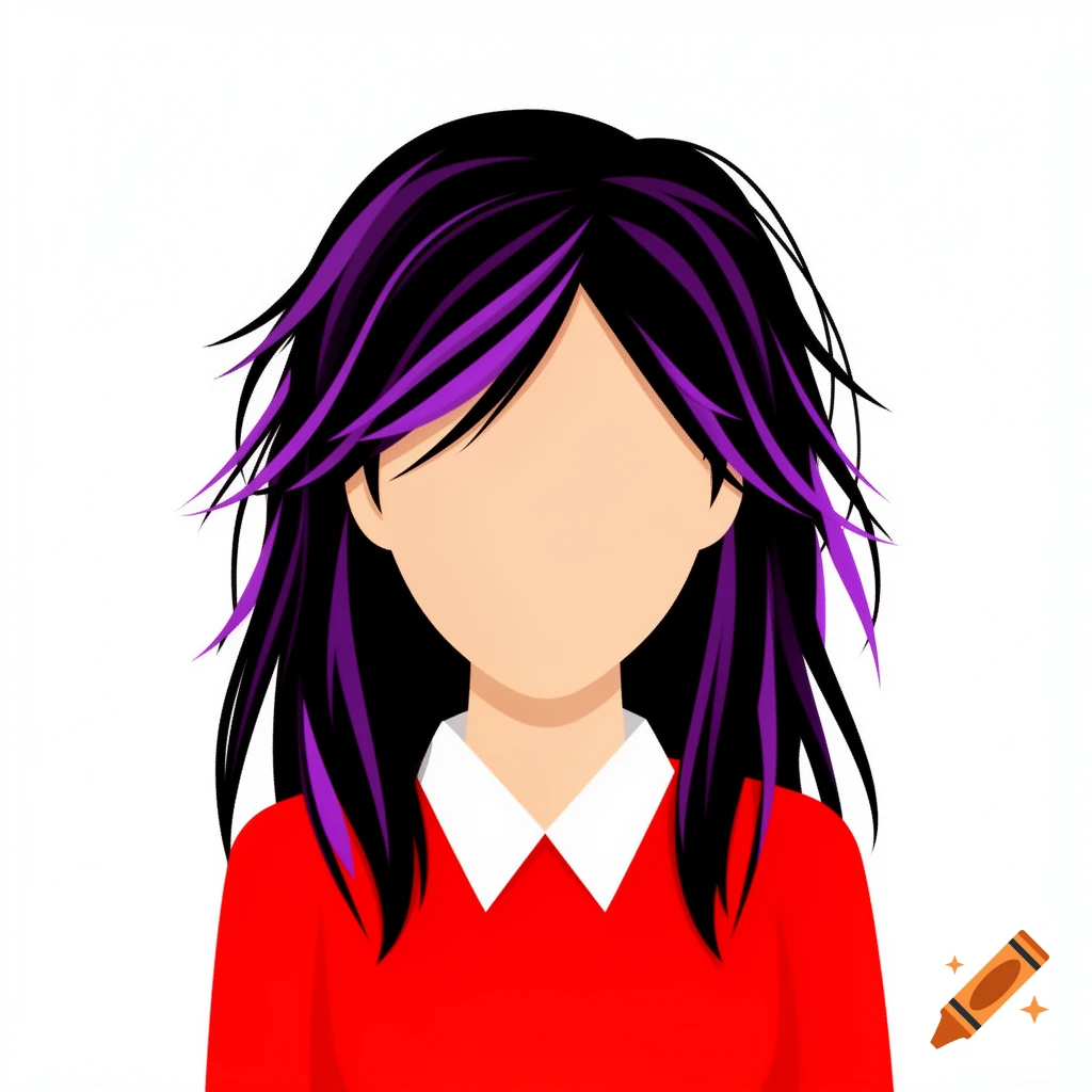 A flat vector female avatar with long, messy black hair with purple streaks, a featureless face, and a red shirt with a white collar, against a white background.
