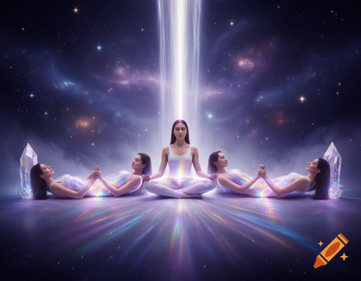 A woman meditates in a lotus pose, flanked by two pairs of women lying down, all connected by streams of iridescent light and glowing crystals in a cosmic setting.